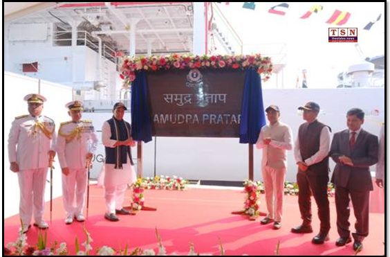 Raksha Mantri commissions Indian Coast Guard Ship Samudra Pratap, India’s first indigenously designed Pollution Control Vessel built by GSL