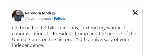 PM greets President of the United States on the 250th anniversary of the United States' independence