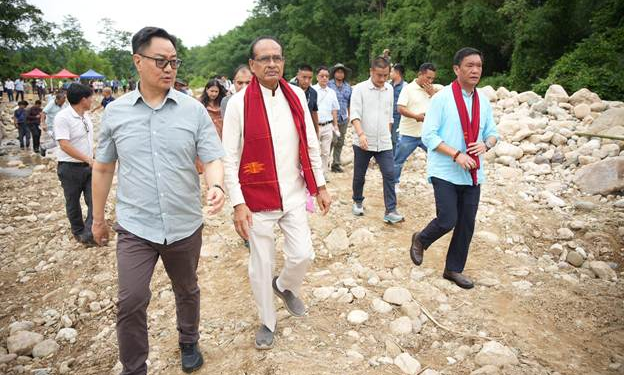 Union Minister Shri Shivraj Singh Chouhan, Along with Kiren Rijiju and CM Pema Khandu, Conducts Aerial and Ground Survey of Flood-Hit Arunachal Pradesh